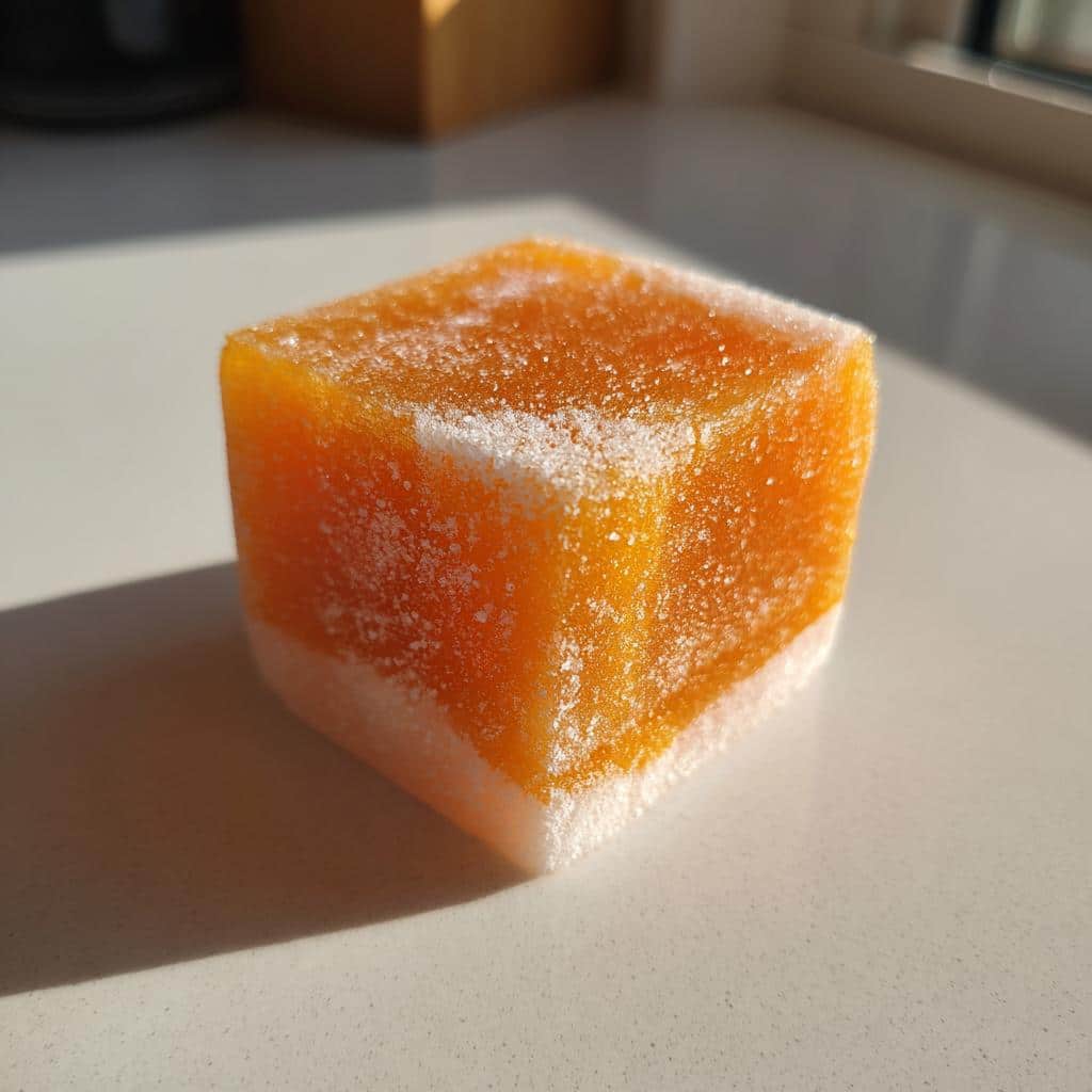 Close-up of a single, bright orange, cube-shaped Carrot & Apple Frozen Treats for Dogs, lightly dusted with white powder.