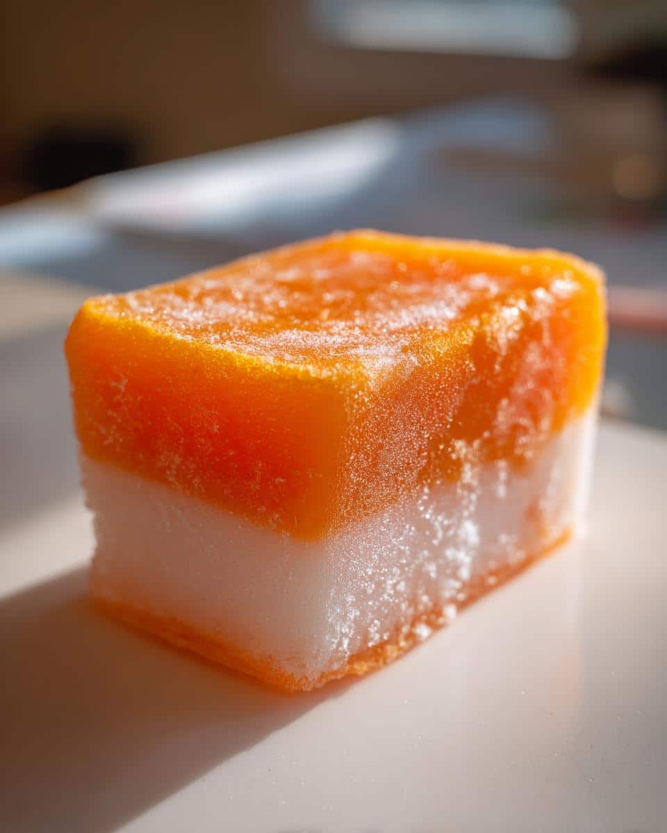 Close-up of a frozen, two-layer dog treat featuring an orange carrot layer over a white apple layer, perfect Carrot & Apple Frozen Treats for Dogs.