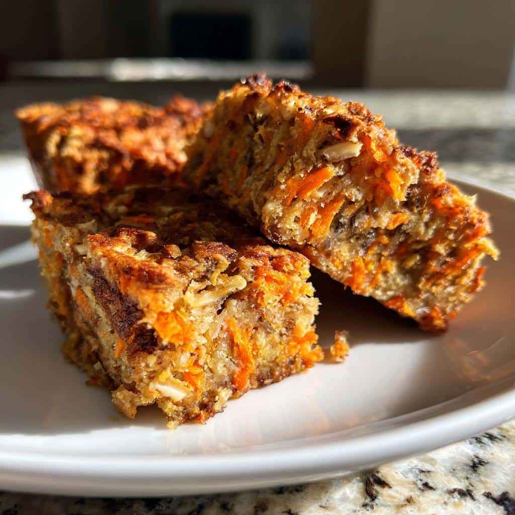 Close-up of three baked Carrot Banana soft energy bars for dogs, showing shredded carrots and texture.