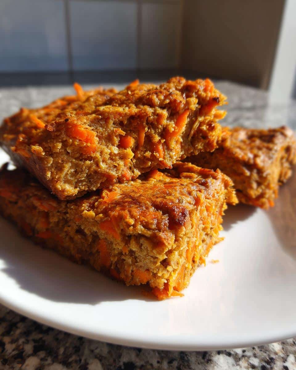 Three stacked slices of homemade Carrot Banana soft energy bars for dogs, showing visible shredded carrots.