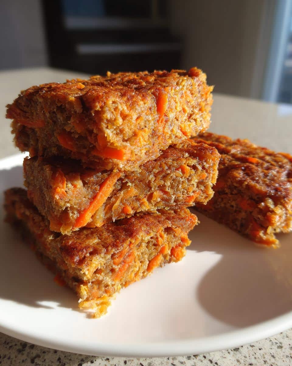 A stack of three homemade Carrot Banana soft energy bars for dogs, showing visible shredded carrots.