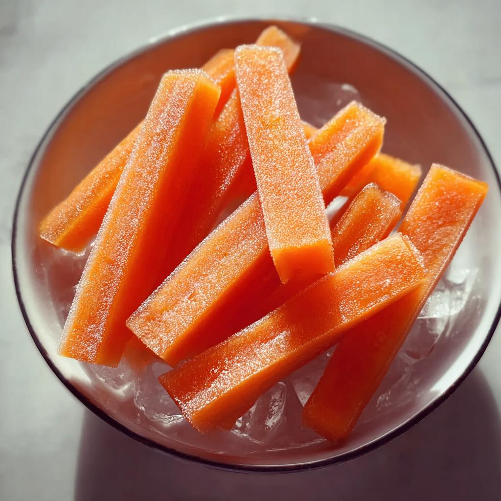 Close-up of bright orange, frozen carrot bone broth frozen treats for pups resting on ice.