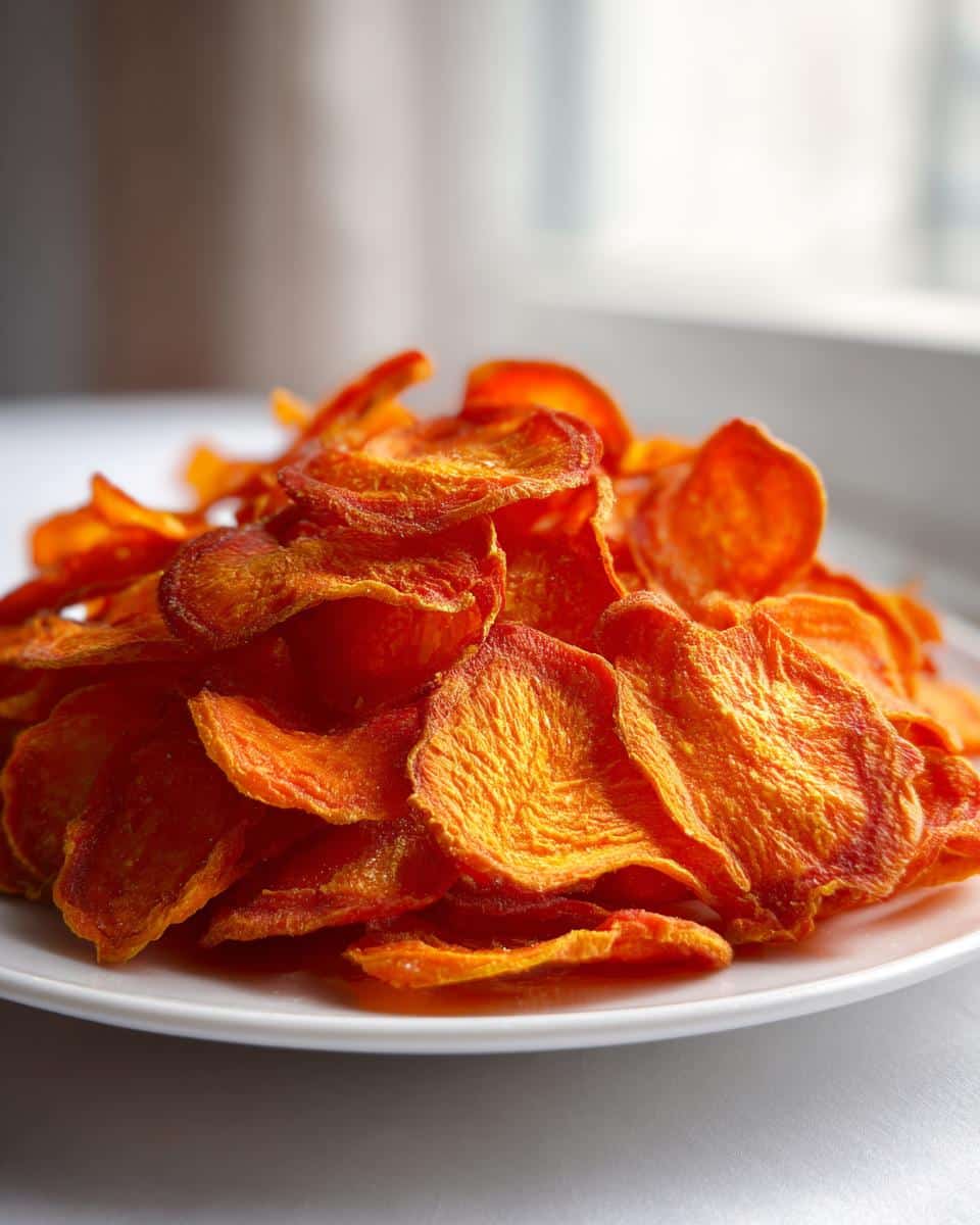 A close-up of a mound of bright orange, dehydrated Carrot Chips for Dogs piled high on a white plate.