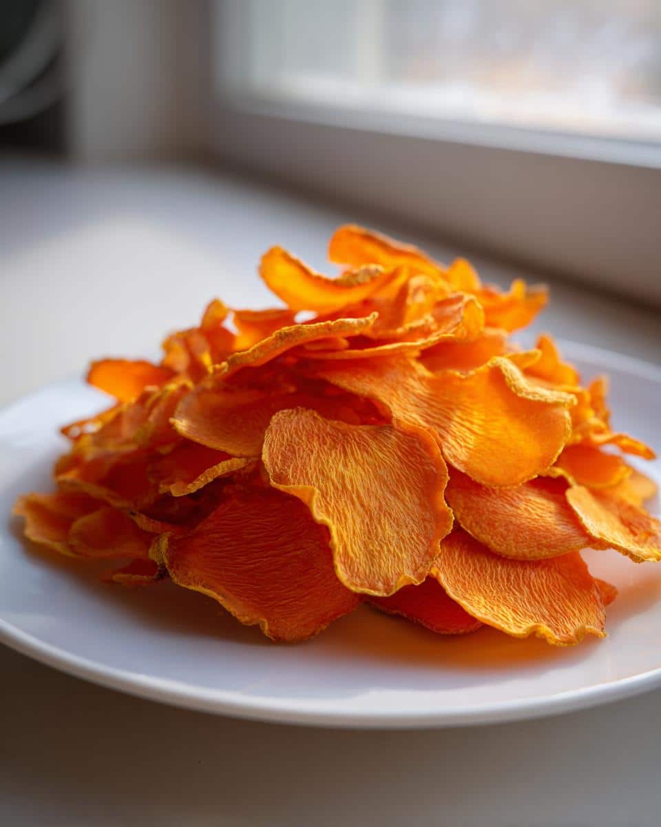 A pile of bright orange, dehydrated Carrot Chips for Dogs stacked on a white plate near a window.