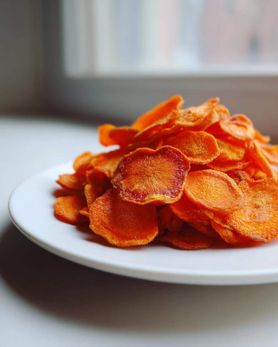A close-up of a white plate piled high with bright orange, dehydrated Carrot Chips for Dogs, set against a bright background.