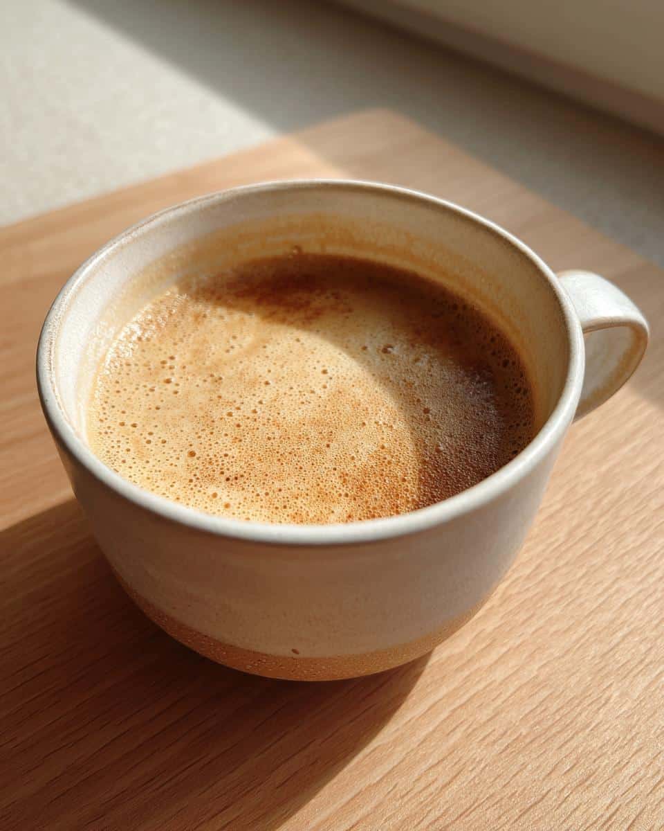 A close-up of a creamy, foamy beverage in a ceramic mug, unrelated to Peanut Butter Chicken Broth Dog.