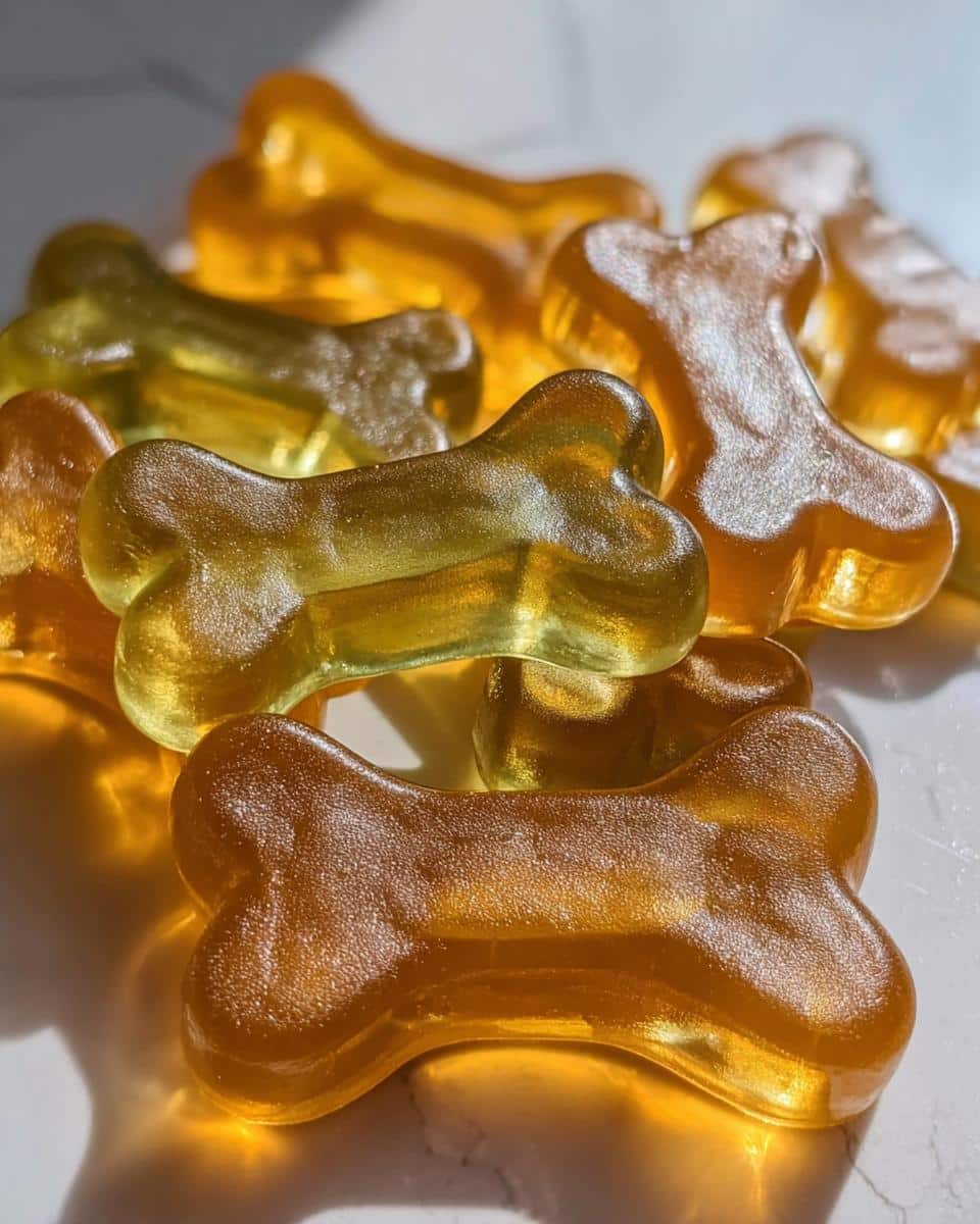 A pile of translucent, amber-colored, bone-shaped Chamomile & Honey Gelatin Bones illuminated by bright light.