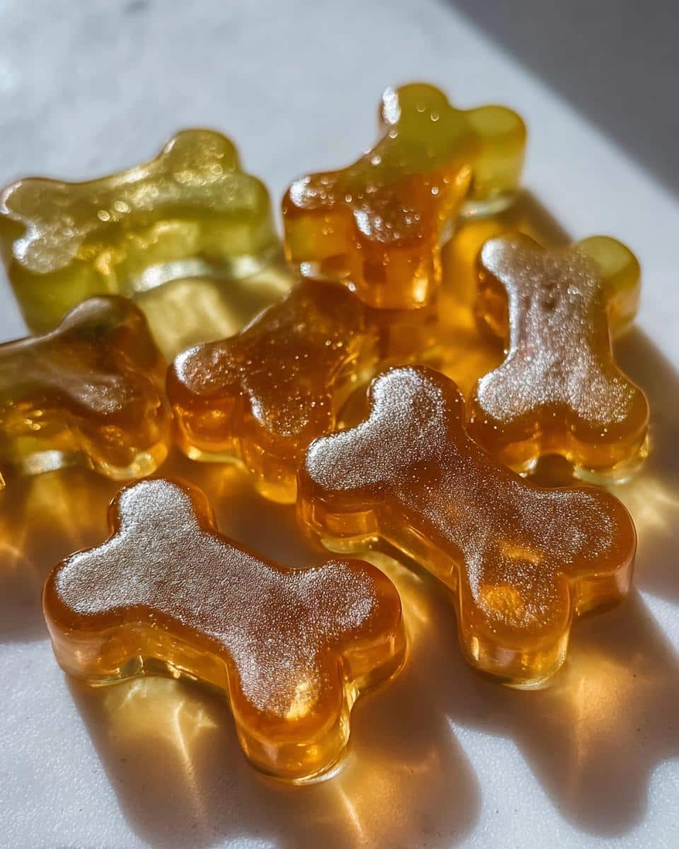 Close-up of several amber-colored, bone-shaped Chamomile & Honey Gelatin Bones glistening under light.