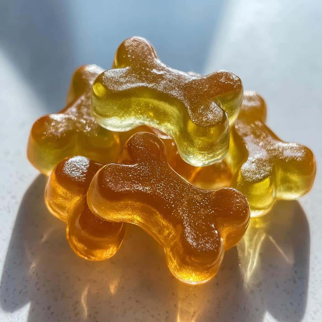 Close-up of several golden, translucent Chamomile & Honey Gelatin Bones stacked together in bright light.