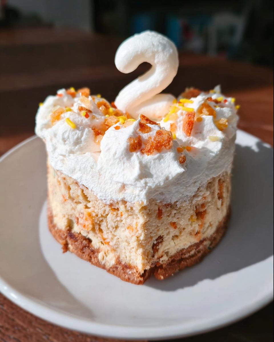 A single serving of a small, round Cheddar Apple Dog Cake Treats topped with white frosting and a number '2' candle.