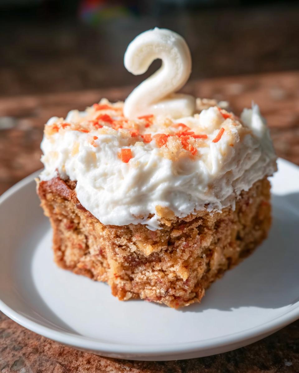 A square slice of Cheddar Apple Dog Cake Treats topped with white frosting and a number '2' candle.