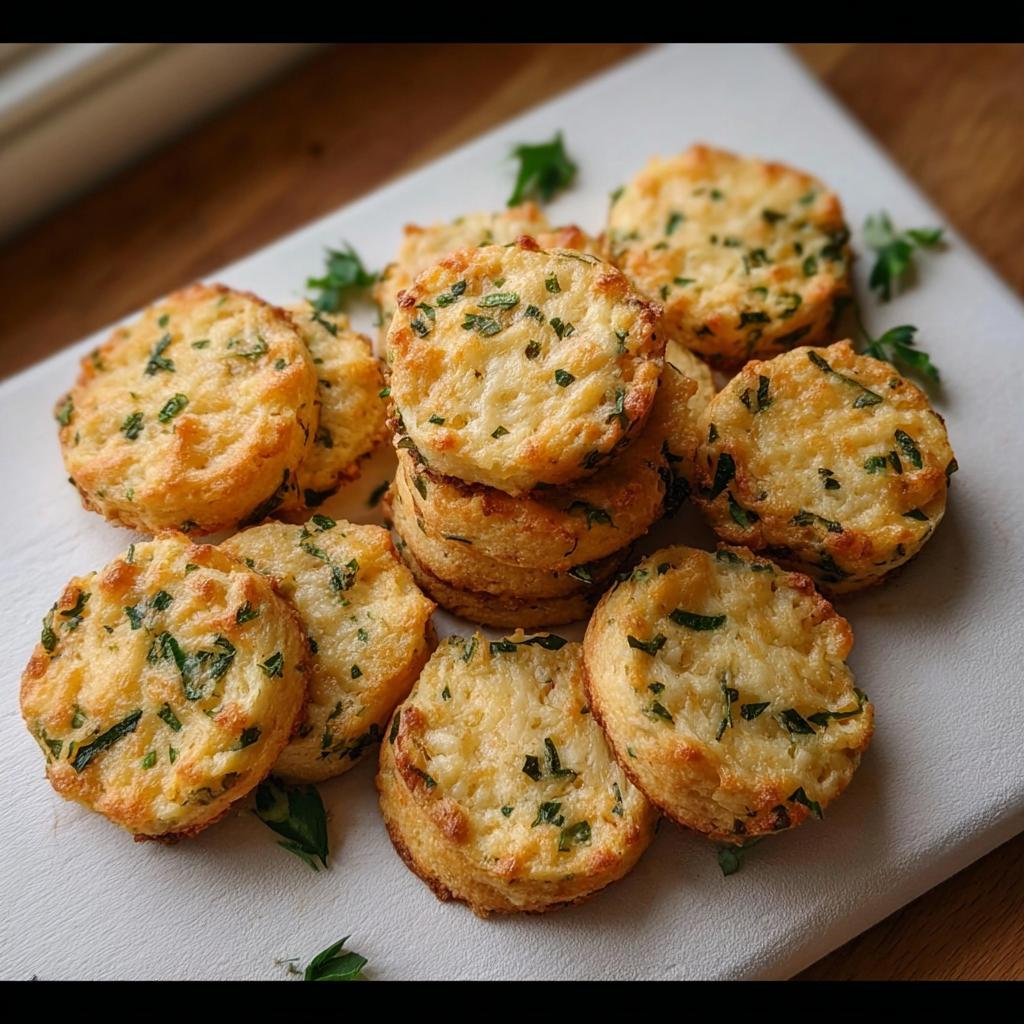 A pile of freshly baked, round Cheesy Herb Dog Biscuits topped with melted cheese and green herbs on a white surface.