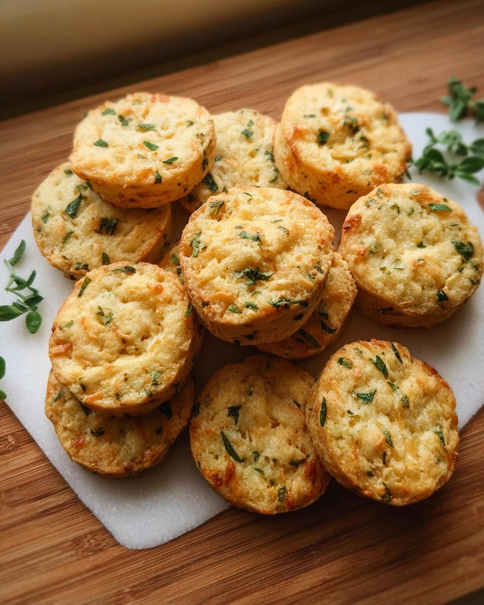 A pile of freshly baked, golden Cheesy Herb Dog Biscuits speckled with green herbs, resting on a white surface over wood.
