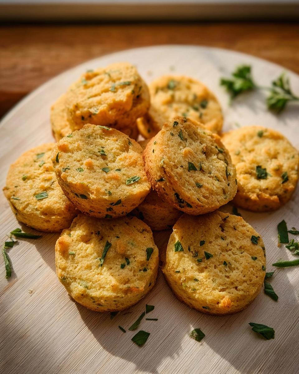 A pile of golden, round Cheesy Herb Dog Biscuits studded with green herbs, resting on a light wooden board.