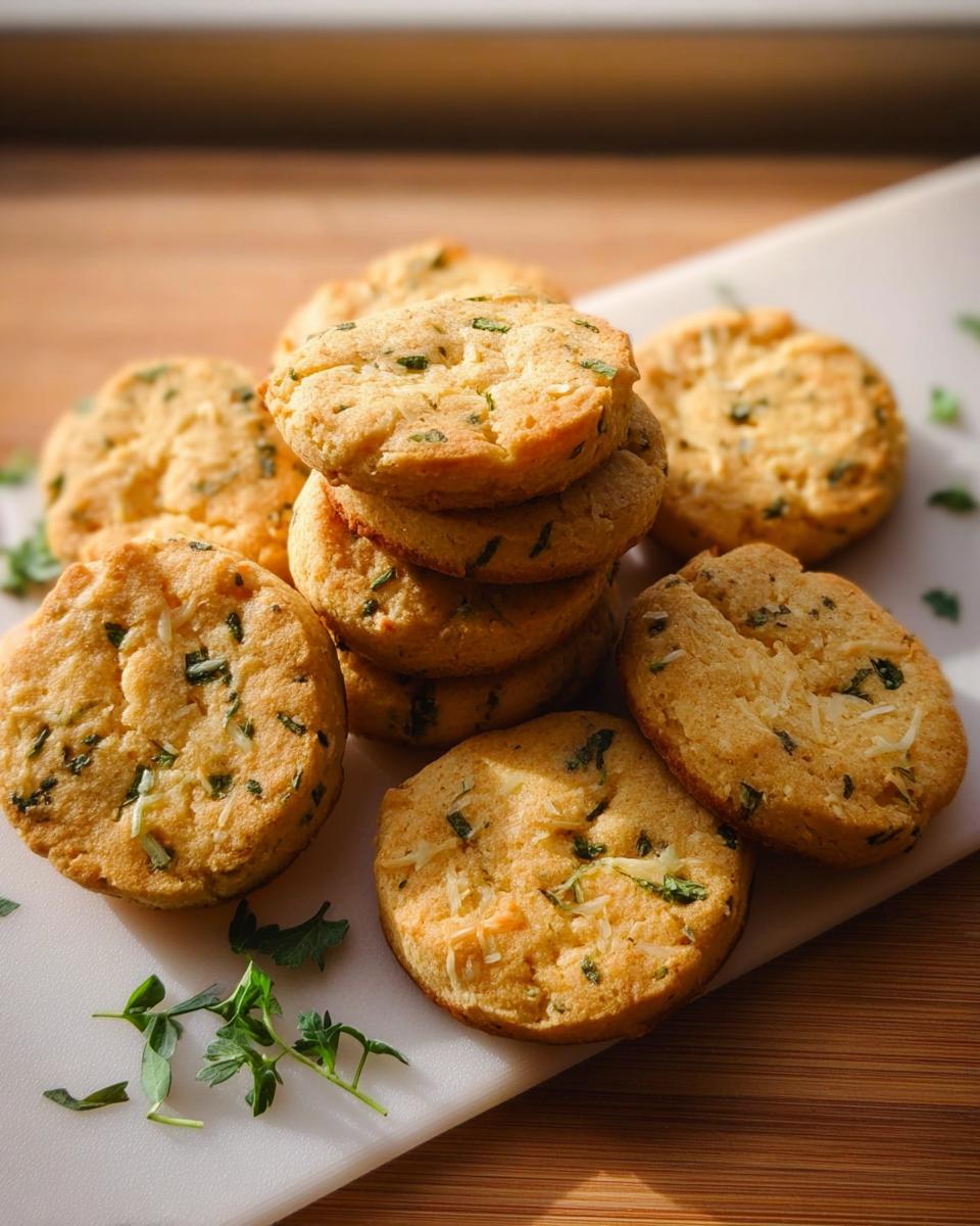 A pile of golden brown Cheesy Herb Dog Biscuits studded with green herbs, resting on a white surface.