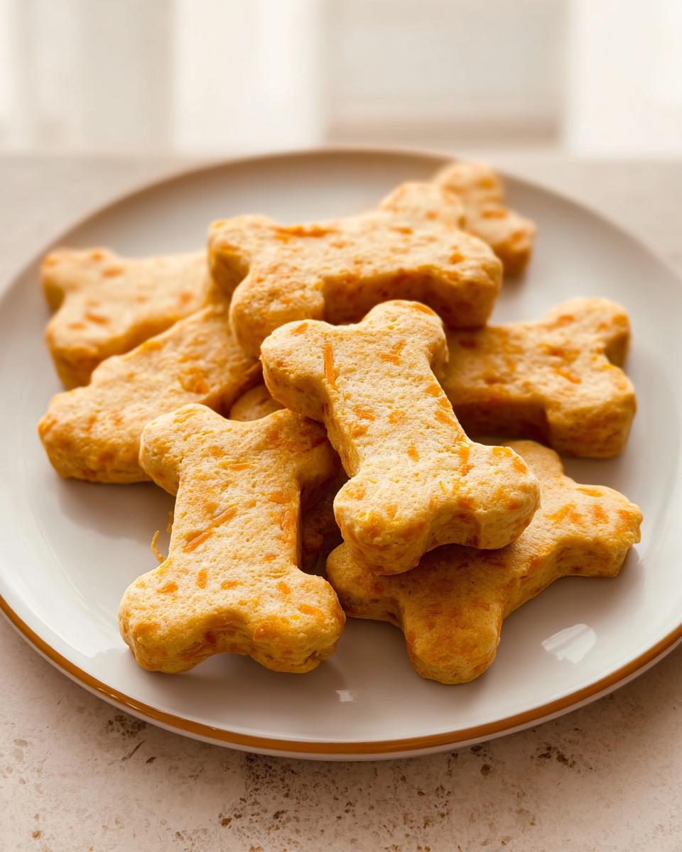 A pile of golden, bone-shaped Cheesy Nutritional Yeast Cookies for Dogs on a white plate.