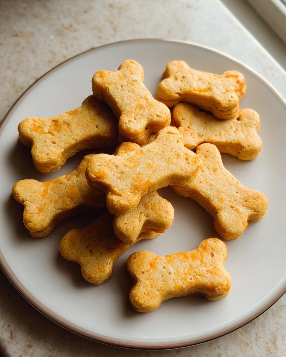 A pile of golden, bone-shaped Cheesy Nutritional Yeast Cookies for Dogs resting on a light-colored plate.