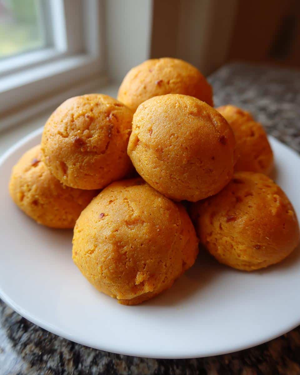 A pile of bright orange, round Cheesy pumpkin pretzel bites for dogs stacked on a white plate.
