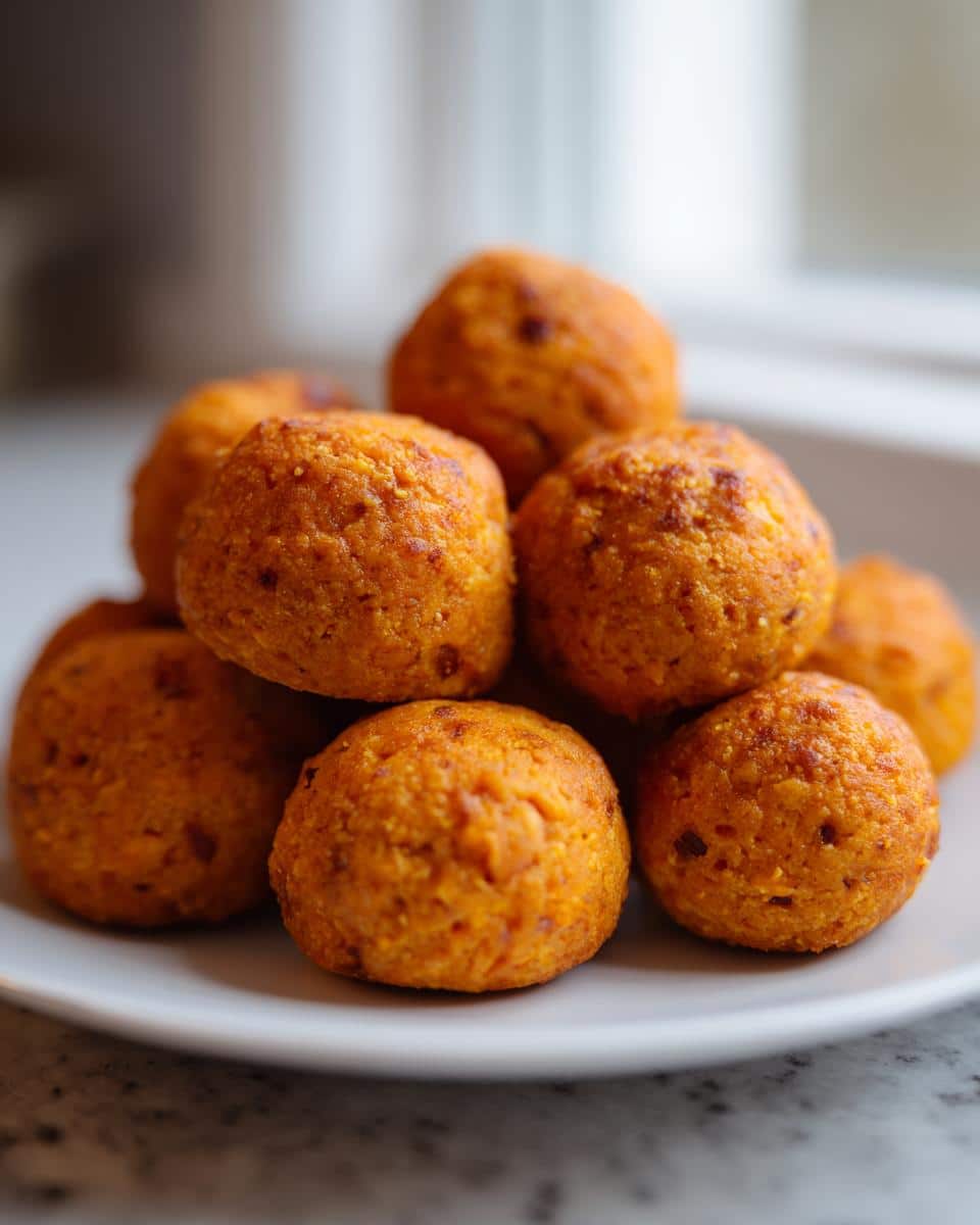 A stack of bright orange, baked Cheesy pumpkin pretzel bites for dogs piled on a white plate.