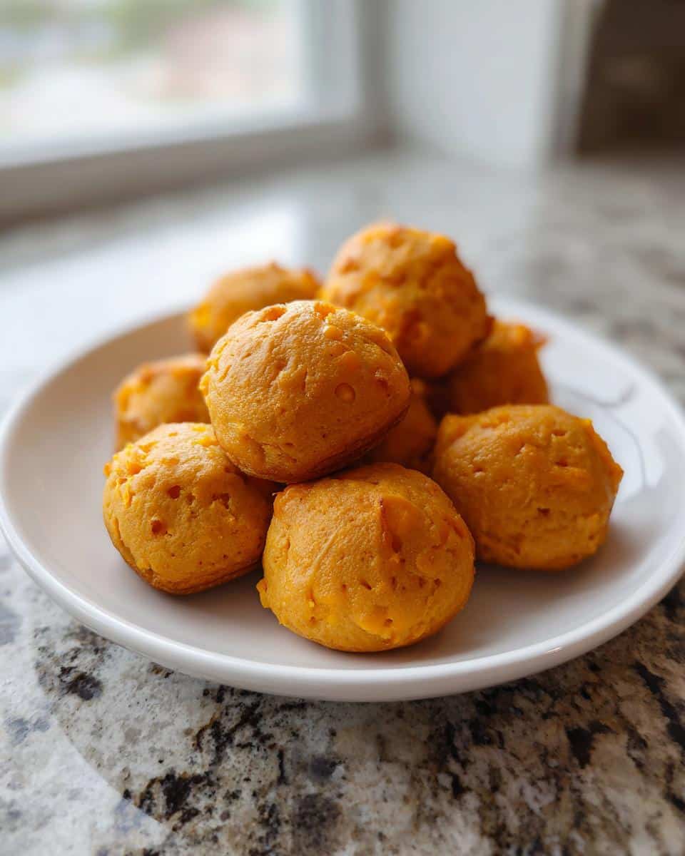 A small white plate piled high with orange, round Cheesy pumpkin pretzel bites for dogs.