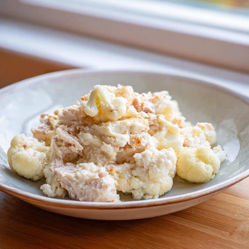 A bowl of cooked chicken and cauliflower mixture, prepared as Chicken and Cauliflower for dogs.
