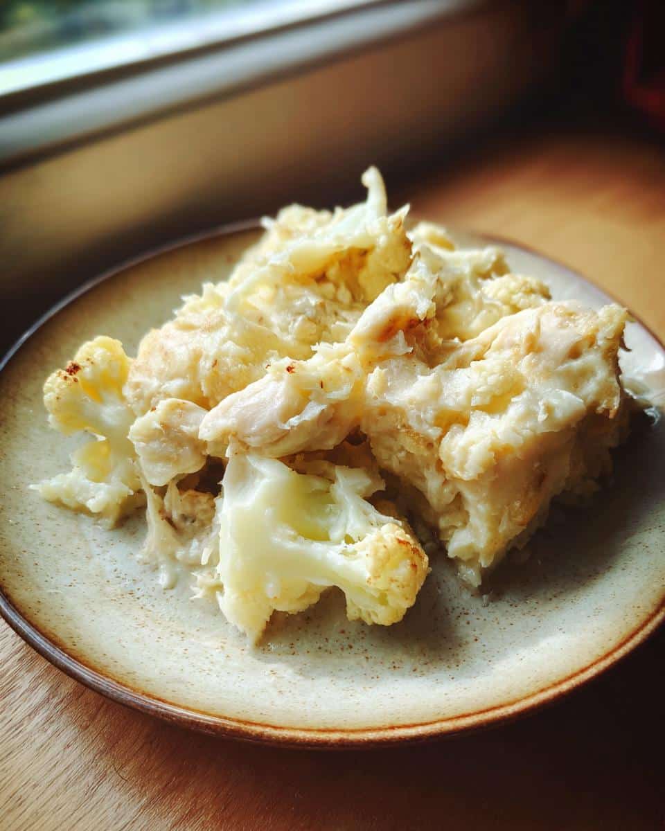 A portion of cooked chicken and cauliflower mixture served on a speckled ceramic plate, suitable for Chicken and Cauliflower for dogs.