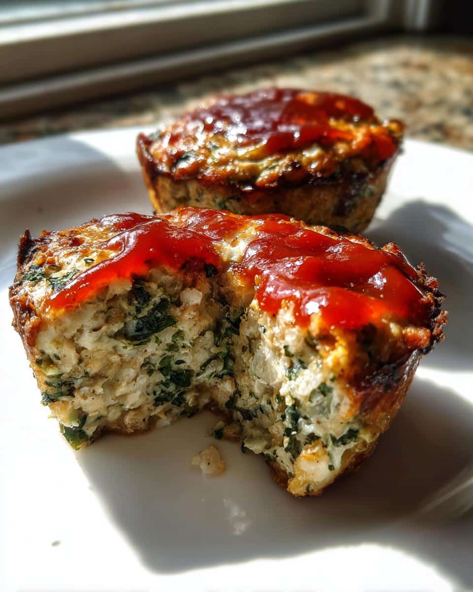 A close-up of one Chicken and spinach Meatloaf Muffin cut in half, showing the interior texture and topped with ketchup.