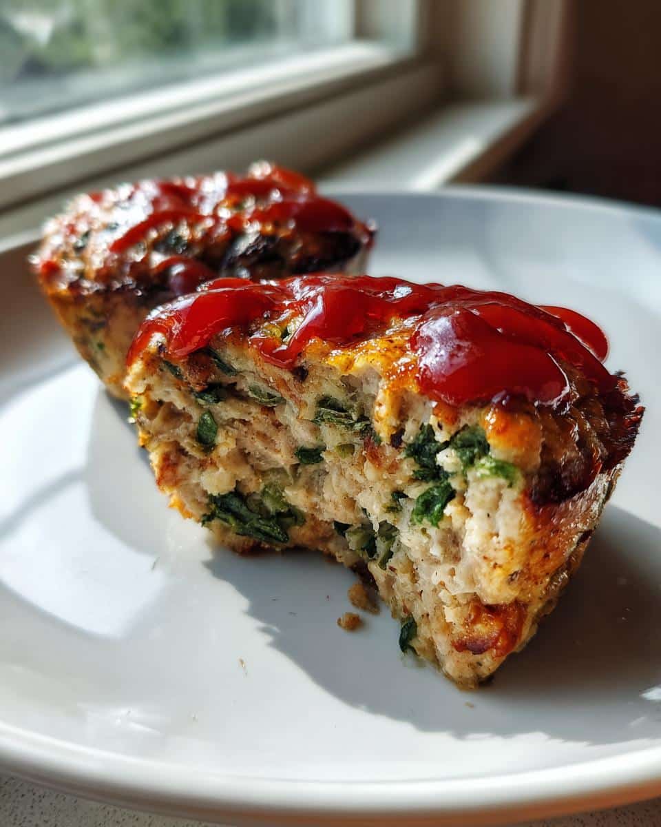 Close-up of a Chicken and Spinach Meatloaf Muffin cut in half, showing the texture and green spinach, topped with bright red ketchup.