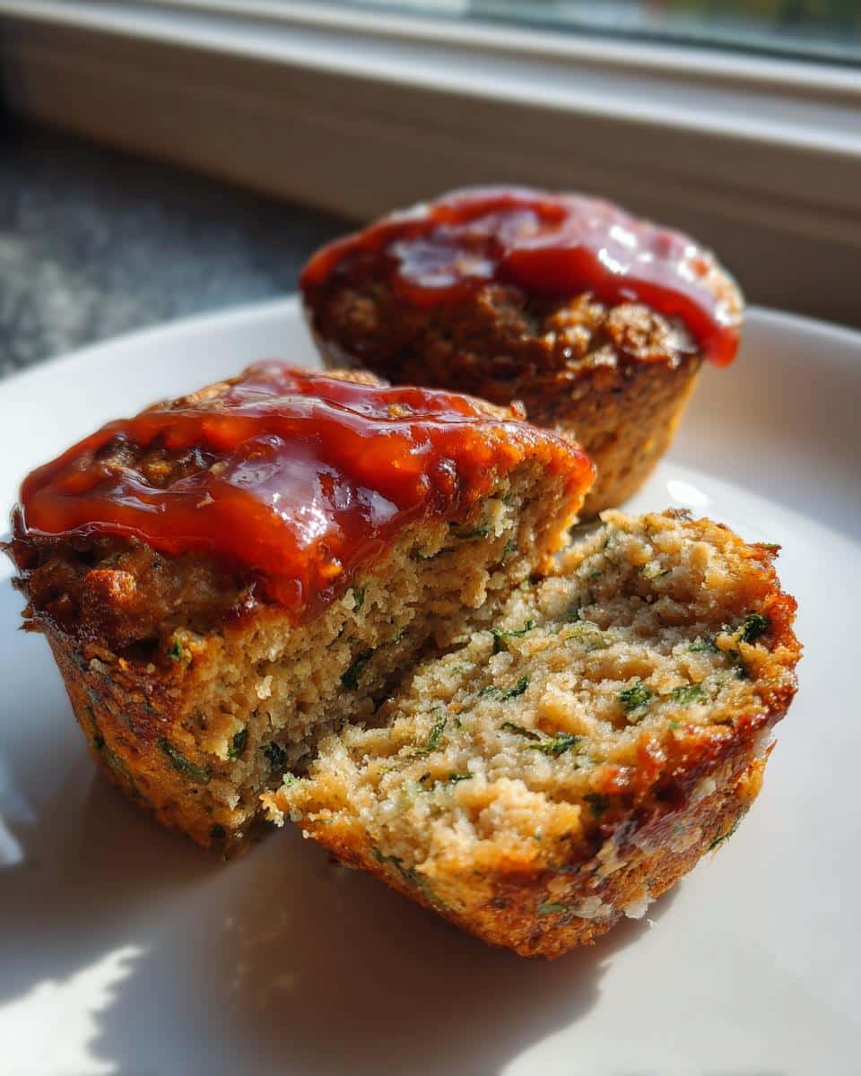 A close-up of one Chicken and spinach Meatloaf Muffin cut in half showing the texture and spinach, topped with a shiny glaze.