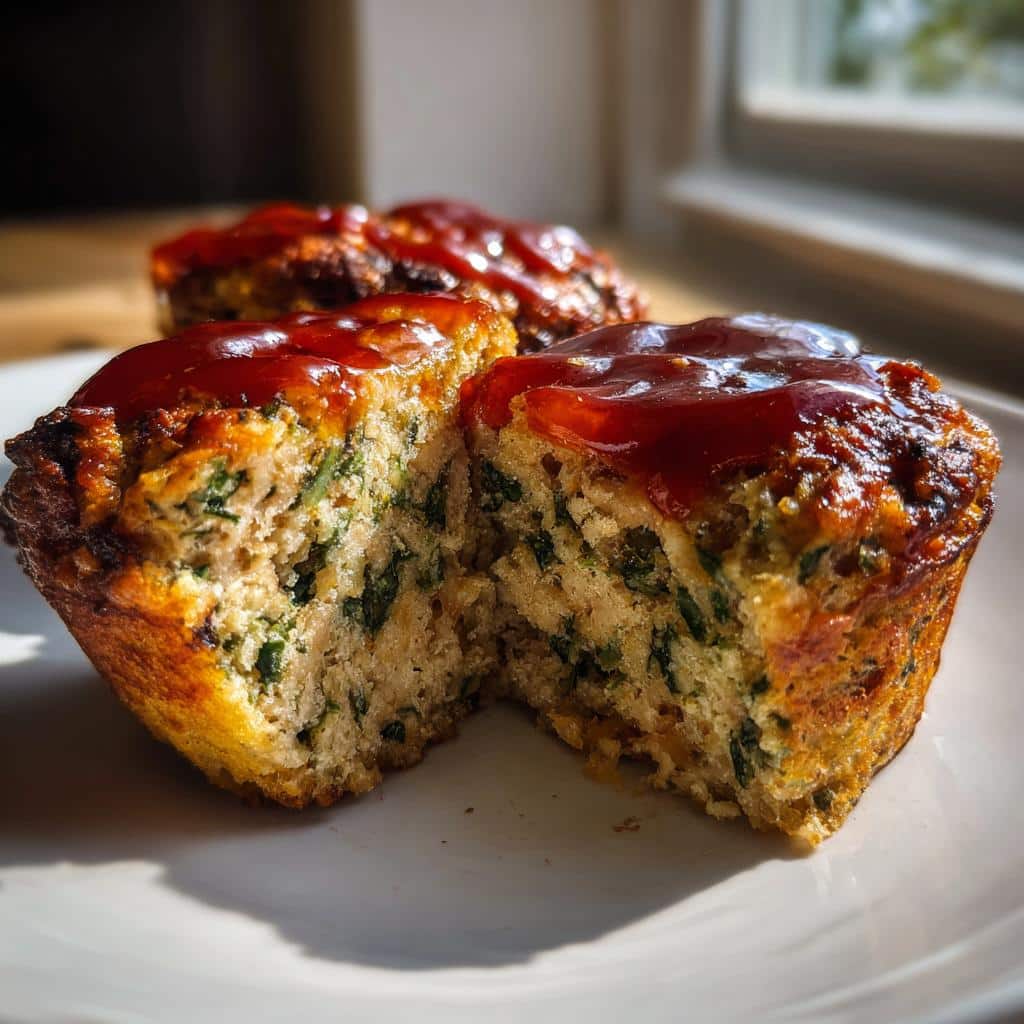 Close-up of a Chicken and Spinach Meatloaf Muffin cut in half showing texture and spinach flecks, topped with glaze.