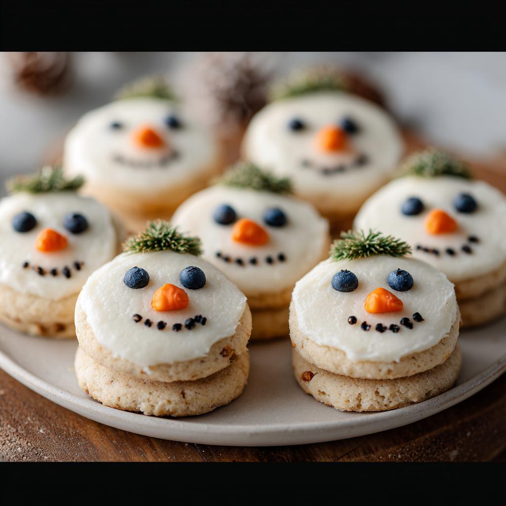 Close-up of several snowman cookies for dogs made with chicken and catnip, decorated with white frosting and berry features.