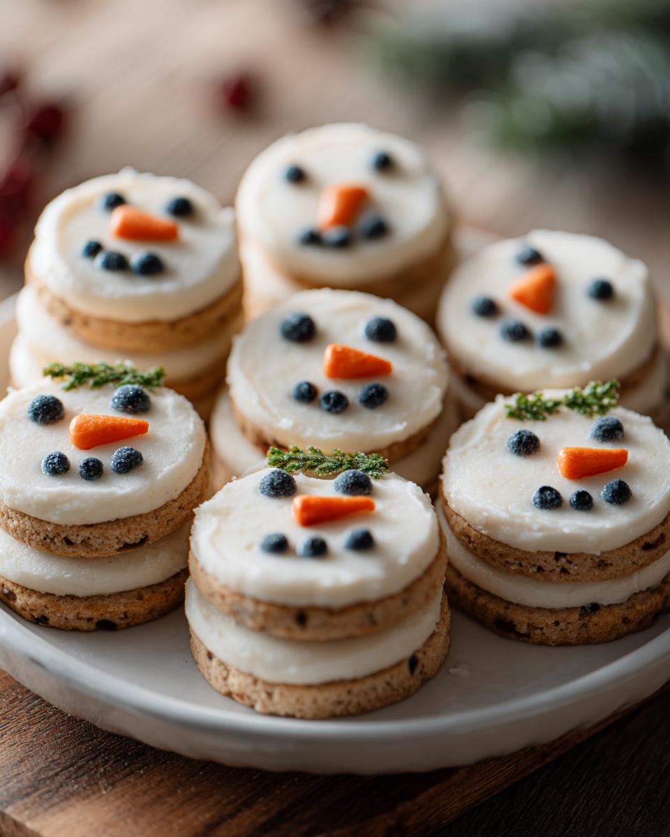Close-up of several stacked Chicken & Catnip Snowman Cookies for Dogs decorated with white frosting and blueberry eyes.