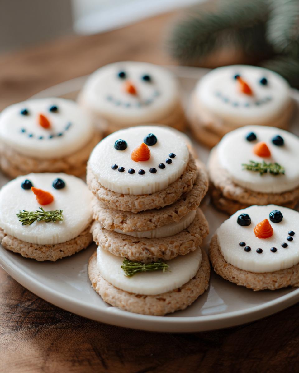 Several Chicken & Catnip Snowman Cookies for Dogs decorated with white frosting, black eyes, and orange carrot noses.