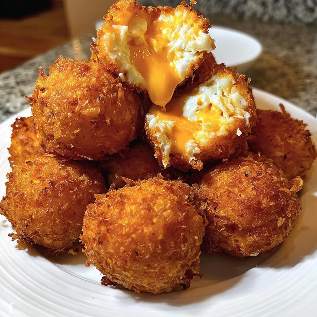 A pile of golden brown Chicken & Cheese Dog Bites, with one broken open revealing melted cheese and egg yolk.