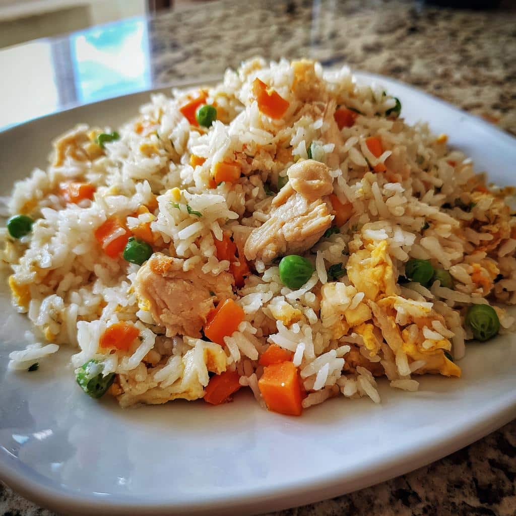 Close-up of a white plate piled high with homemade Fried Rice for Dogs, featuring rice, chicken chunks, peas, and carrots.