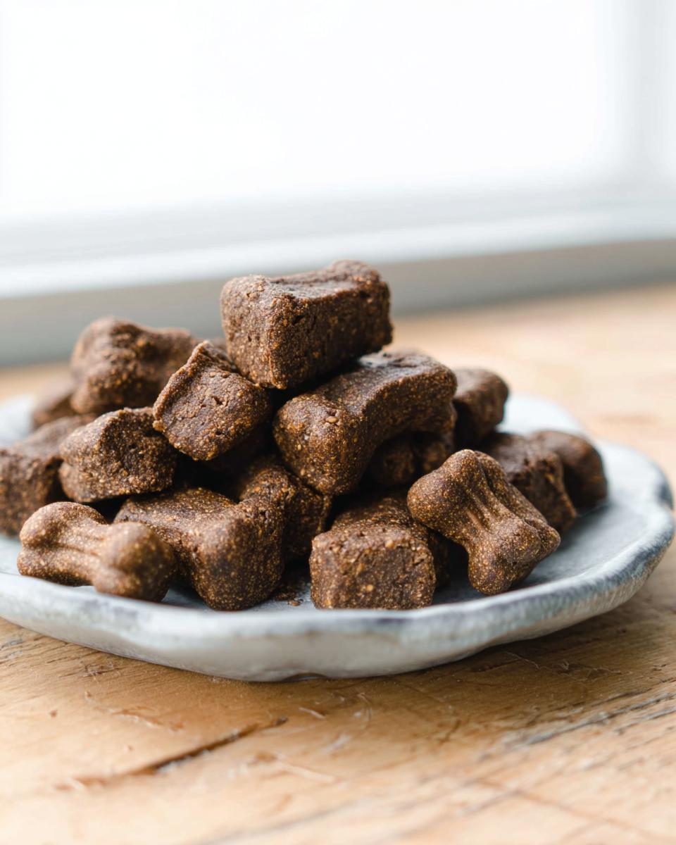 A pile of dark brown, bone-shaped Chicken Liver & Catnip Squares treats stacked on a small plate.
