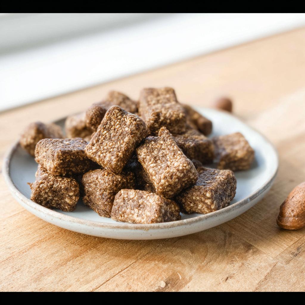 A pile of textured, brown Chicken Liver & Catnip Squares treats served on a small, light-colored plate.