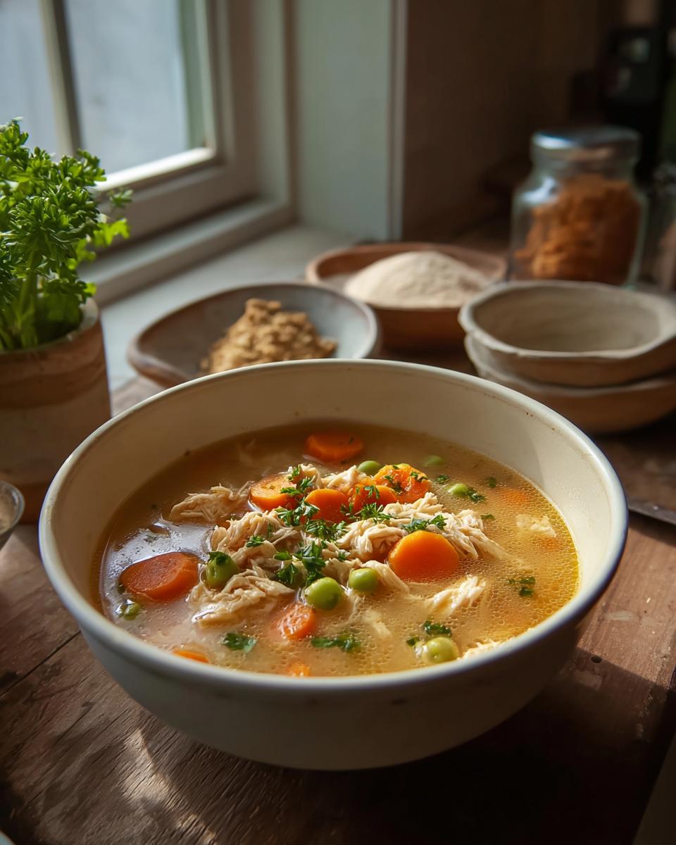 A comforting bowl of homemade Chicken Soup for Dogs featuring shredded chicken, sliced carrots, and green peas, garnished with parsley.