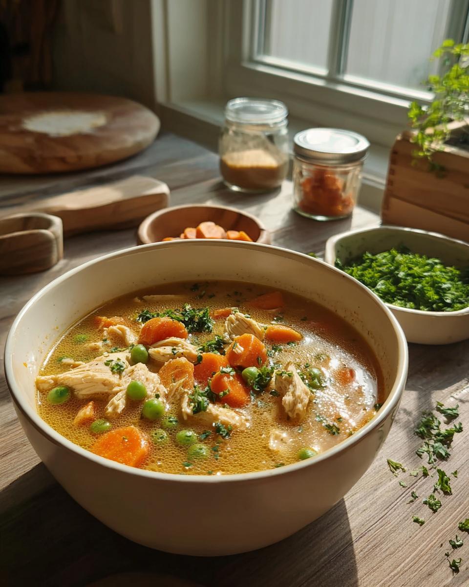 A hearty bowl of Chicken Soup for Dogs featuring shredded chicken, carrots, and peas in a rich broth.