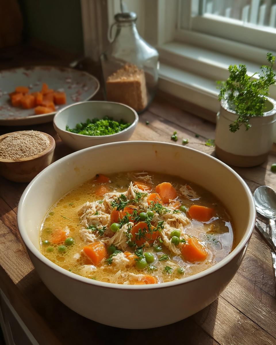 A hearty bowl of Chicken Soup for Dogs featuring shredded chicken, bright orange carrots, and green peas, garnished with parsley.