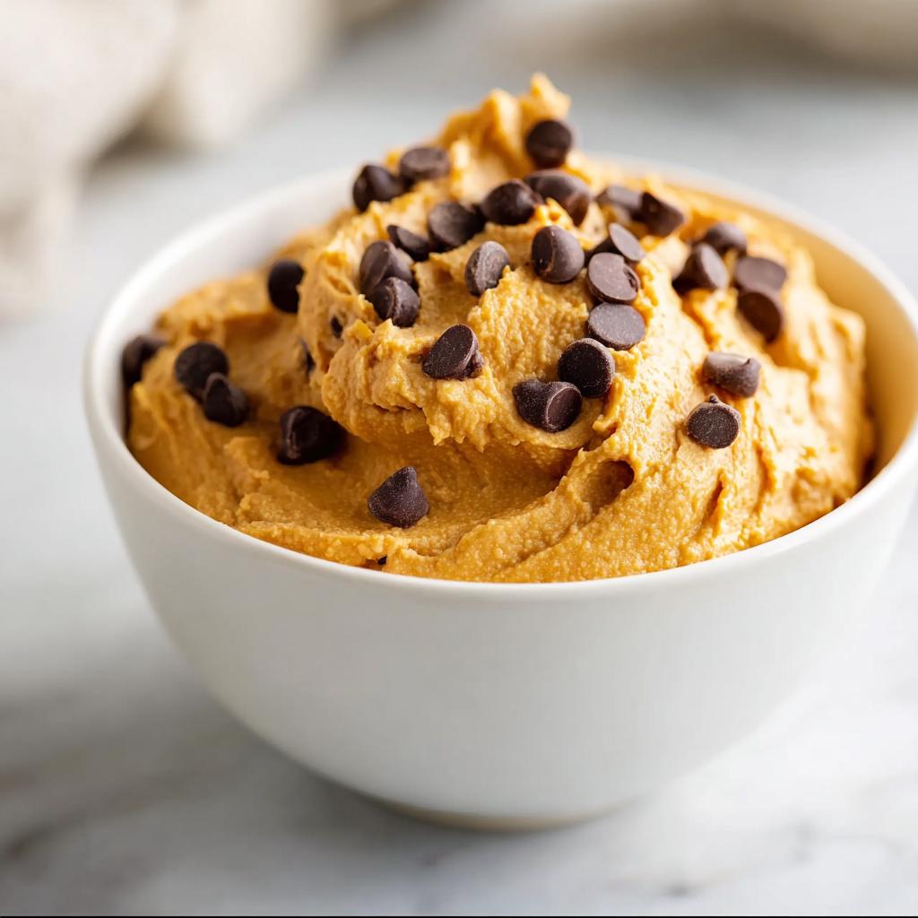 A white bowl filled with creamy, orange-colored Chocolate Chip Pumpkin Dip for dogs, topped generously with dark chocolate chips.