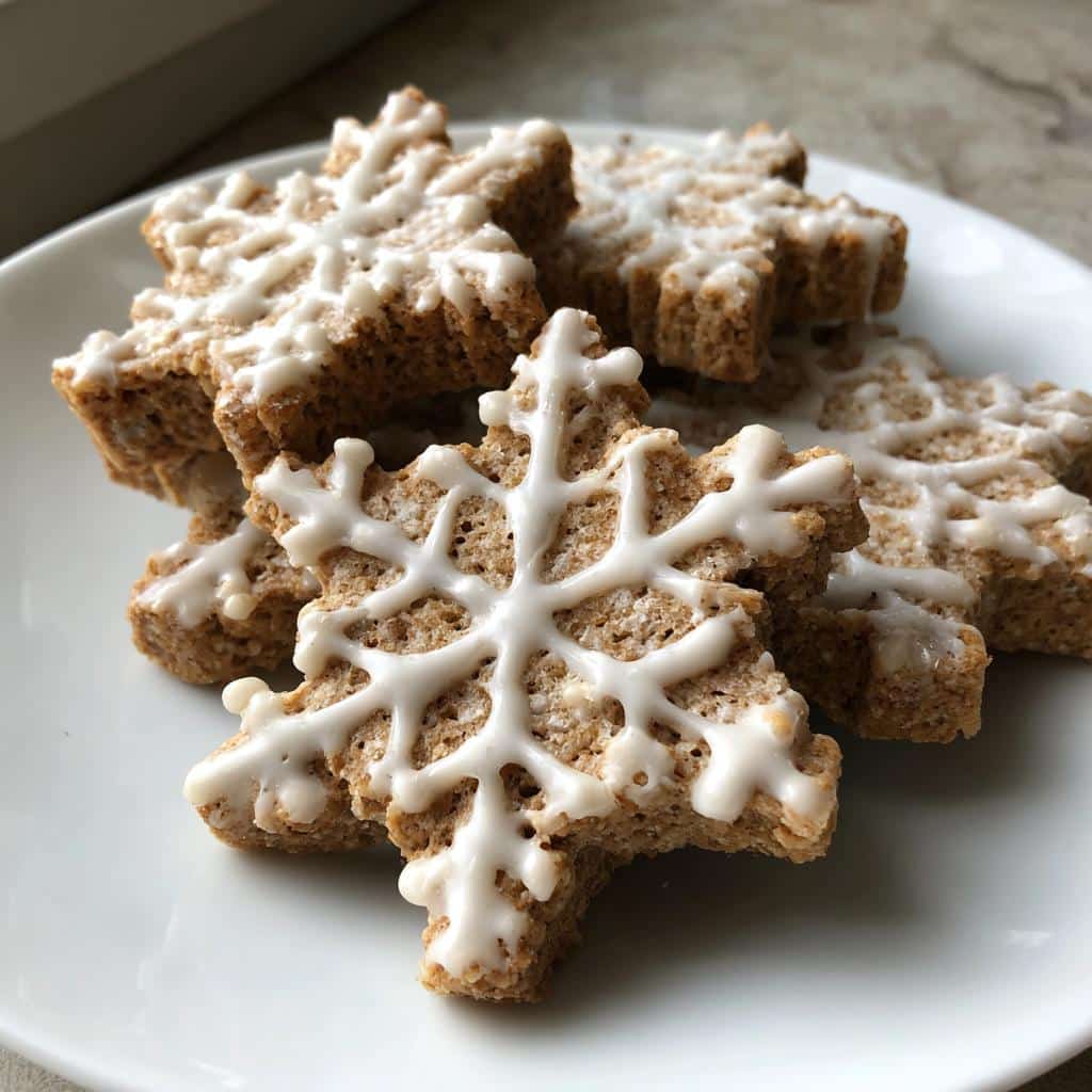 A stack of Christmas Snowflake Peanut Butter Biscuits decorated with white royal icing on a white plate.