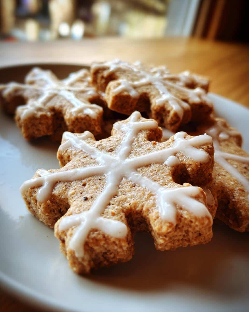 Close-up of several Christmas Snowflake Peanut Butter Biscuits stacked on a white plate, drizzled with white icing.