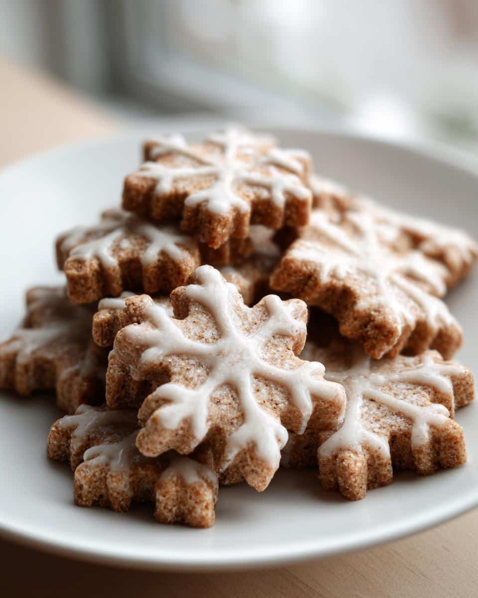 A pile of Christmas Snowflake Peanut Butter Biscuits decorated with white icing on a white plate.
