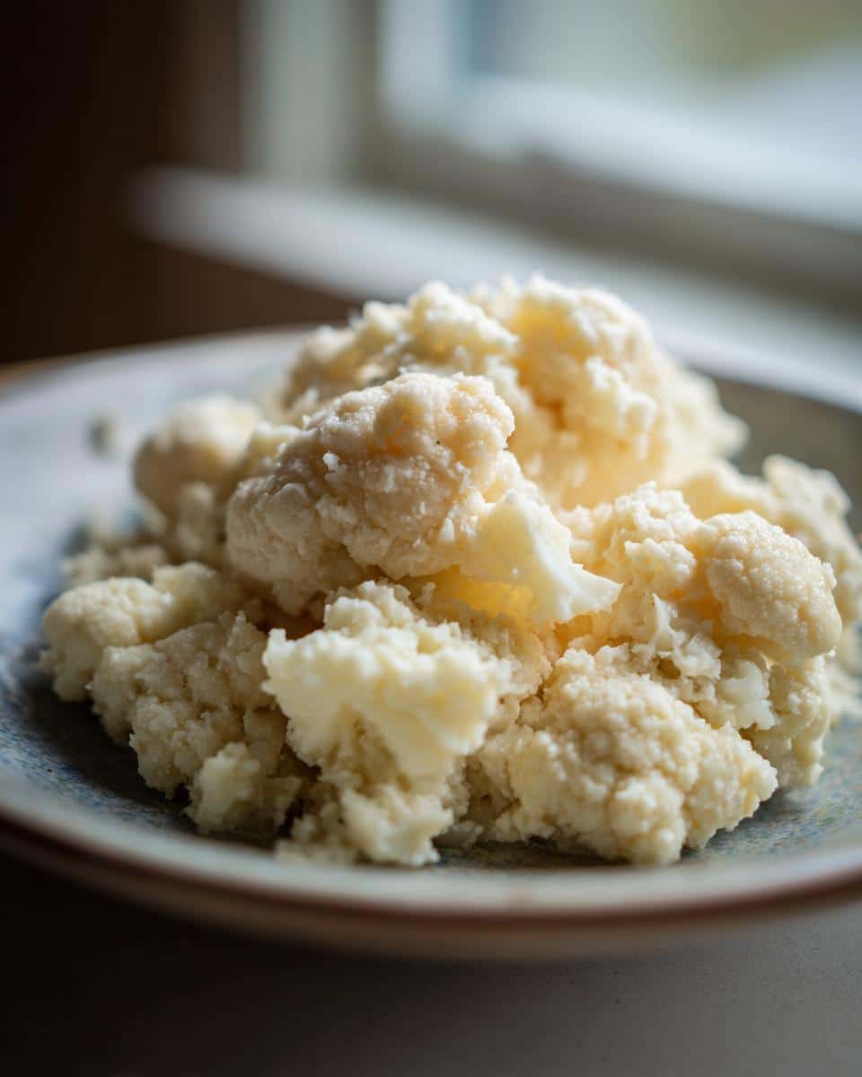 Close-up of mashed or riced cooked cauliflower, a component for Chicken and Cauliflower for dogs.