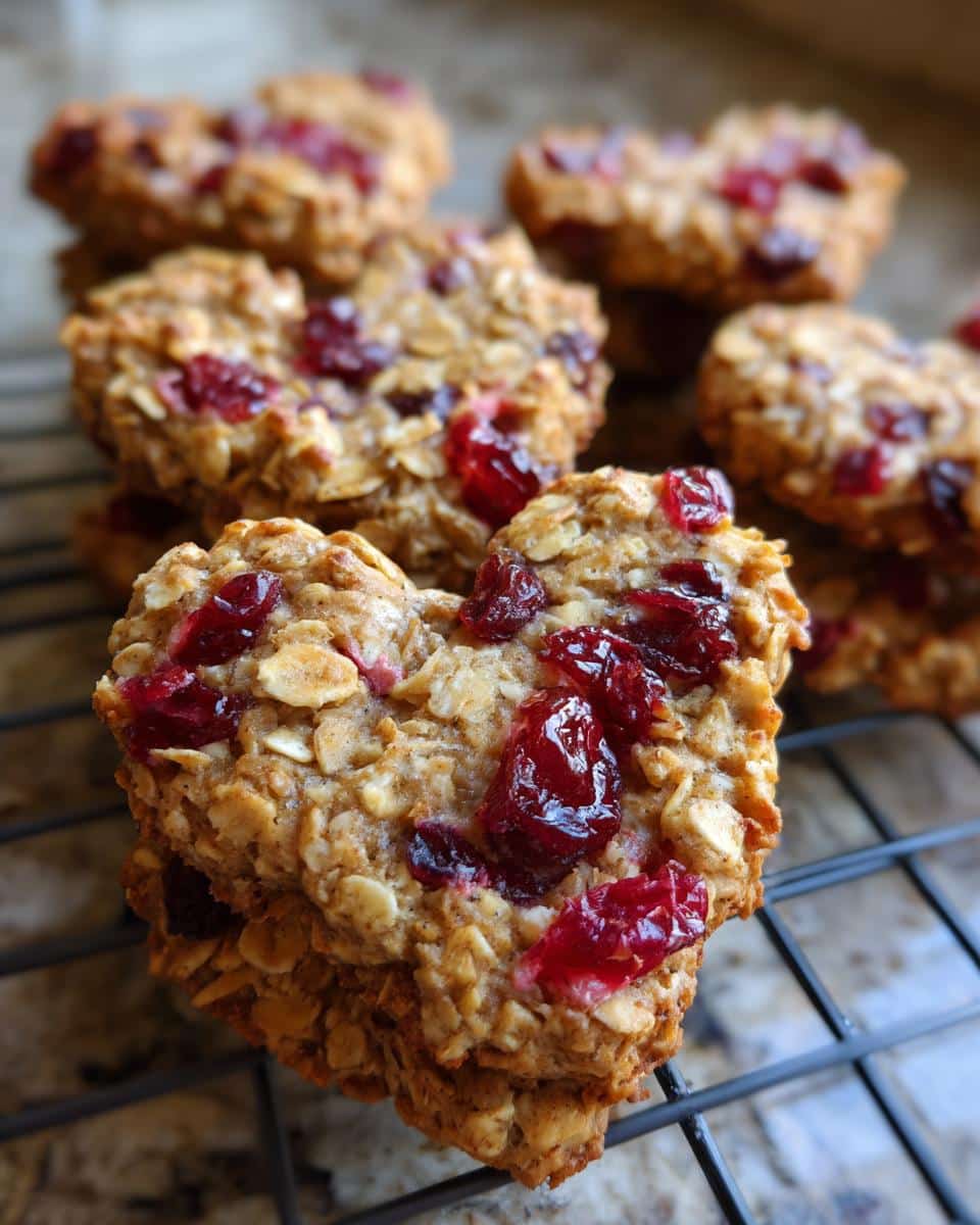 Close-up of freshly baked Cranberry and Oat Heart shaped cookies stacked on a black cooling rack.