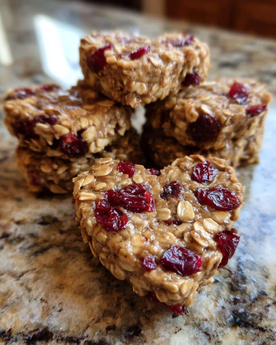 Close-up of several heart shaped Cranberry and Oat Heart shaped cookies stacked on a granite countertop.