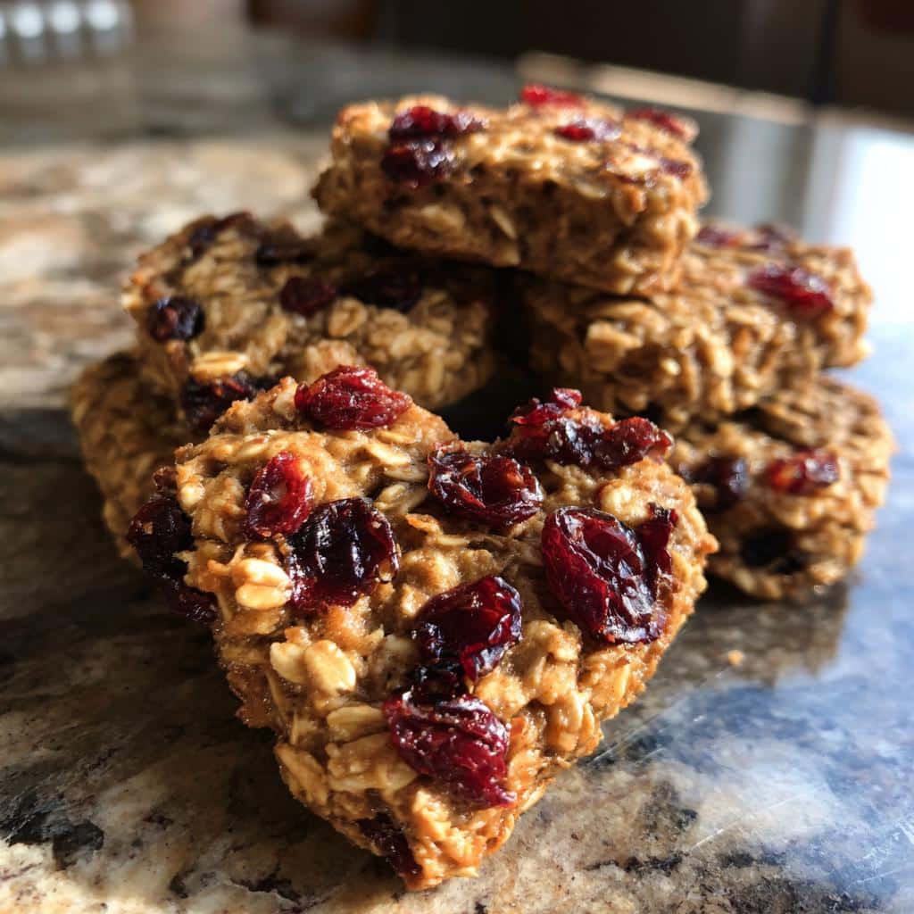 A stack of chewy Cranberry and Oat Heart Shaped Cookies topped with dried cranberries, resting on a marble surface.
