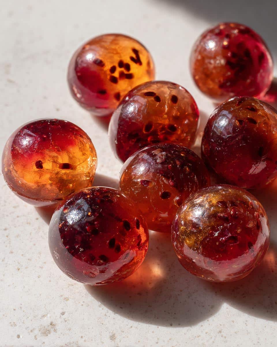 Close-up of shiny, round Cranberry Chicken Gummies for Dogs with visible cranberry seeds.