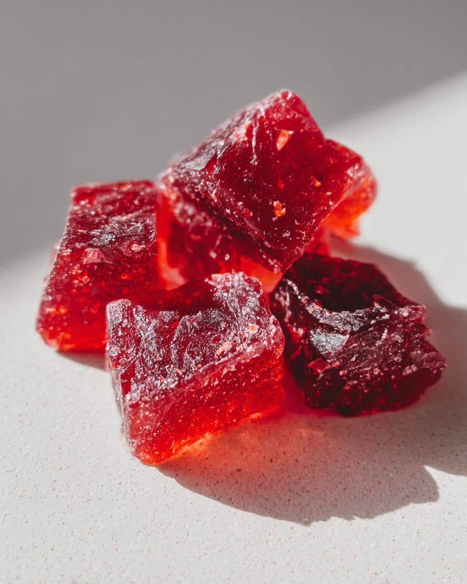 A small pile of dark red, translucent Cranberry Chicken Gummies for Dogs treats resting on a light surface.